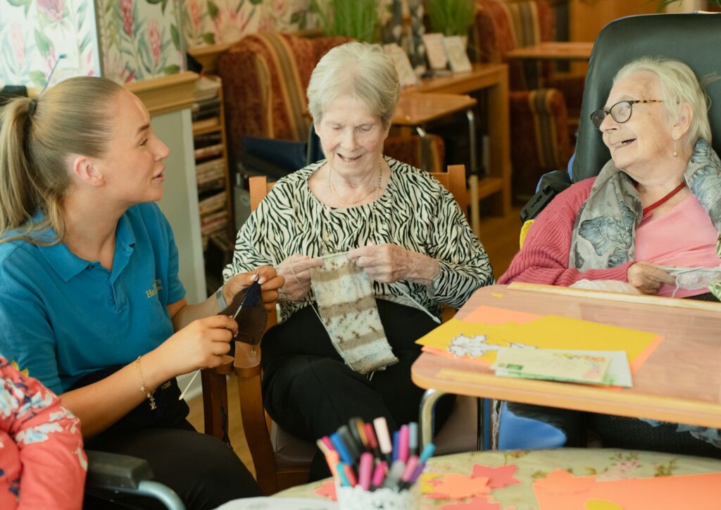 What It Actually Means to Practice Social Work at the Level of Systems Rather Than Individuals 2 Caregiver assists two elderly women knitting